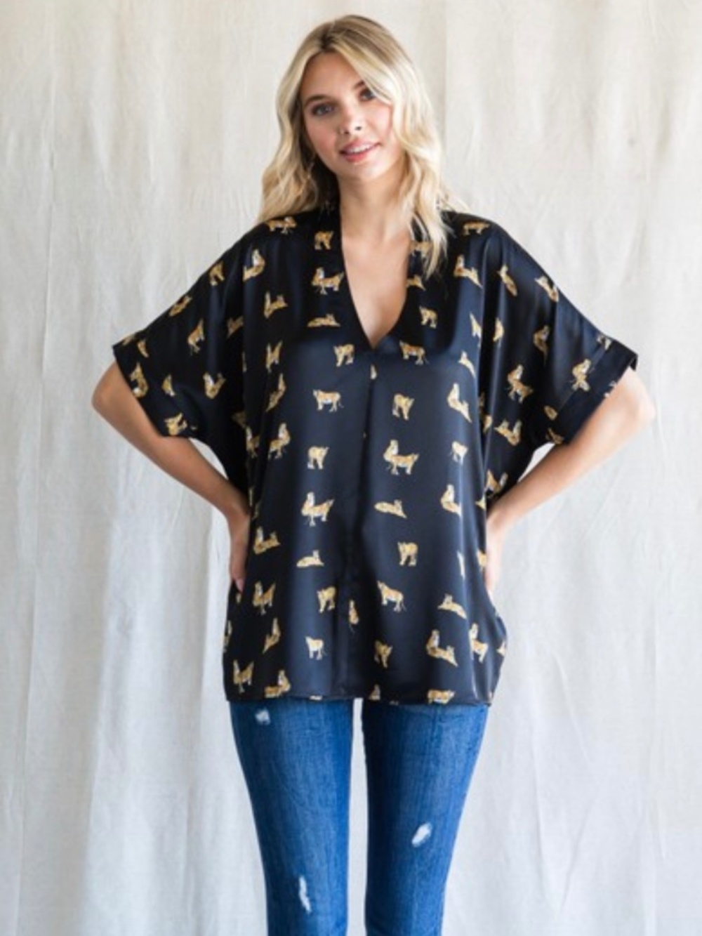 Tiger Print Satin V-Neck Boxy Top